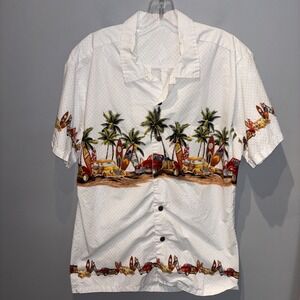 Palmwave Hawaiian‎ Shirt Mens Size L Cotton Surf Boards Palm Trees Quirky